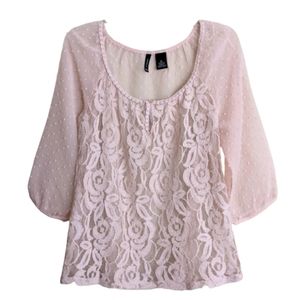 New Directions Blouse Pale Pink Swiss Dot Rosette Lace Sheer Chiffon Medium